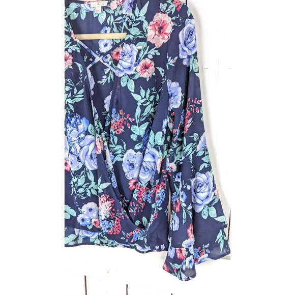 Sheer blue floral  long bell sleeve pullover billowy wrap around blouse - Picture 3 of 5